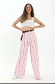 Hasır Kemer Çizgili Pantolon - Fuşya thumbnail 3