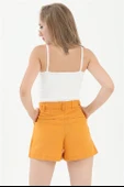 Yüksek Bel Önü Pileli Arka Beli Lastikli Keten Şort - Turuncu thumbnail 3