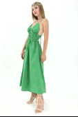Beli Lastikli Astarlı Sırt Dekolte Brode Elbise - Yeşil thumbnail 3