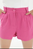 Yüksek Bel Önü Pileli Arka Beli Lastikli Keten Şort - Fuşya thumbnail 4