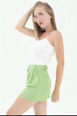 Yüksek Bel Önü Pileli Arka Beli Lastikli Keten Şort - Yeşil thumbnail 2