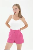 Yüksek Bel Önü Pileli Arka Beli Lastikli Keten Şort - Fuşya thumbnail 1
