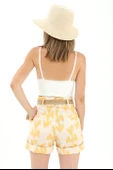 Hasır Kemer Baskılı Keten şort - Sarı thumbnail 4