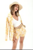 Kemerli Desenli Oversize Blazer Ceket - Sarı - 3