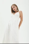 Beli Lastikli Astarlı Sırt Dekolte Brode Elbise - Beyaz thumbnail 2