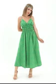Beli Lastikli Astarlı Sırt Dekolte Brode Elbise - Yeşil thumbnail 2