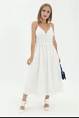 Beli Lastikli Astarlı Sırt Dekolte Brode Elbise - Beyaz thumbnail 5