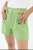 Yüksek Bel Önü Pileli Arka Beli Lastikli Keten Şort - Yeşil thumbnail 4