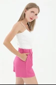 Yüksek Bel Önü Pileli Arka Beli Lastikli Keten Şort - Fuşya thumbnail 2