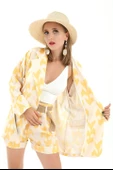 Kemerli Desenli Oversize Blazer Ceket - Sarı - 4