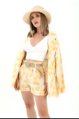Hasır Kemer Baskılı Keten şort - Sarı thumbnail 3
