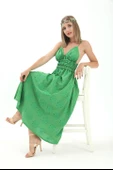 Beli Lastikli Astarlı Sırt Dekolte Brode Elbise - Yeşil thumbnail 1