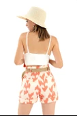 Hasır Kemer Baskılı Keten şort - Turuncu thumbnail 4