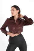 İçi Kadife Bağcıklı Kadın Kısa Deri Gömlek - Bordo thumbnail 3