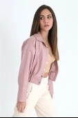Kolları Çıtçıtlı Beli Lastikli Kadın Deri Gömlek - Pudra thumbnail 4