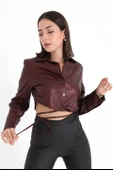 İçi Kadife Bağcıklı Kadın Kısa Deri Gömlek - Bordo thumbnail 2