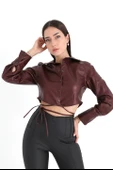 İçi Kadife Bağcıklı Kadın Kısa Deri Gömlek - Bordo thumbnail 1