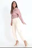 Kolları Çıtçıtlı Beli Lastikli Kadın Deri Gömlek - Pudra thumbnail 2