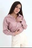 Kolları Çıtçıtlı Beli Lastikli Kadın Deri Gömlek - Pudra thumbnail 3