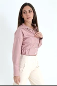 Kolları Çıtçıtlı Beli Lastikli Kadın Deri Gömlek - Pudra thumbnail 5
