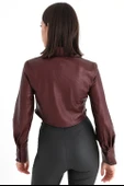 İçi Kadife Bağcıklı Kadın Kısa Deri Gömlek - Bordo thumbnail 5
