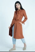 Kemerli Süet Uzun Ceket Trençkot - Tarçın thumbnail 1