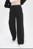 Pantolon Palazzo Garni Kemerli Geniş Çizgili - Siyah thumbnail 3
