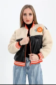 Beli Lastikli Nakışlı Derili Peluş Ceket Mont - Siyah - 5