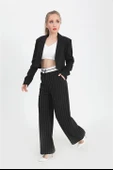 Pantolon Palazzo Garni Kemerli Geniş Çizgili - Siyah thumbnail 2