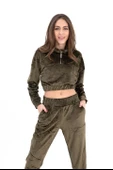 Önü Fermuarlı Kadife Eşofman Takım - Haki thumbnail 3