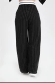 Pantolon Palazzo Garni Kemerli Geniş Çizgili - Siyah thumbnail 5