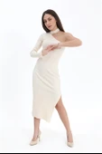 Tek Omuzlu Triko Elbise - Ekru thumbnail 4