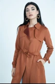 Kemerli Süet Uzun Ceket Trençkot - Tarçın thumbnail 5