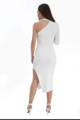 Tek Omuzlu Triko Elbise - Beyaz thumbnail 5