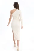 Tek Omuzlu Triko Elbise - Ekru thumbnail 5