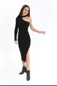 Tek Omuzlu Triko Elbise - Siyah - 7
