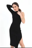 Tek Omuzlu Triko Elbise - Siyah - 6