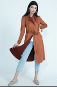 Kemerli Süet Uzun Ceket Trençkot - Tarçın thumbnail 3