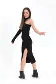 Tek Omuzlu Triko Elbise - Siyah - 4