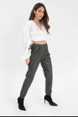 Paçası ve Beli Laslikli Kadın Deri Pantolon - Haki thumbnail 2