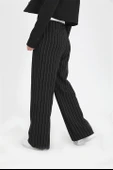 Pantolon Palazzo Garni Kemerli Geniş Çizgili - Siyah thumbnail 4