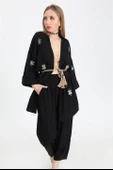 Keten Kimono Takım Göz Nakışlı - Siyah thumbnail 3