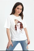 T-shirt Kız Baskılı Taş İşlemeli - Bej thumbnail 1