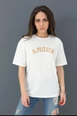 T-shirt Bisiklet Yaka Amour Baskılı - Bej thumbnail 1