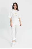 Takım Eteği Çimalı Kuş Baskılı Beli Lastikli T-shirt Pantolon - Ekru thumbnail 1