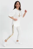 Takım Eteği Çimalı Kuş Baskılı Beli Lastikli T-shirt Pantolon - Ekru thumbnail 2