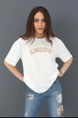 T-shirt Bisiklet Yaka Amour Baskılı - Bej thumbnail 2