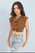 Bluz Omuzları Vatkalı Beli Lastikli Halka Detaylı - Kahverengi thumbnail 1