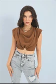 Bluz Omuzları Vatkalı Beli Lastikli Halka Detaylı - Kahverengi thumbnail 2