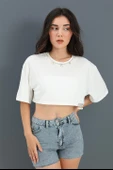 Crop Bisiklet Yaka İnci Detaylı - Beyaz thumbnail 3